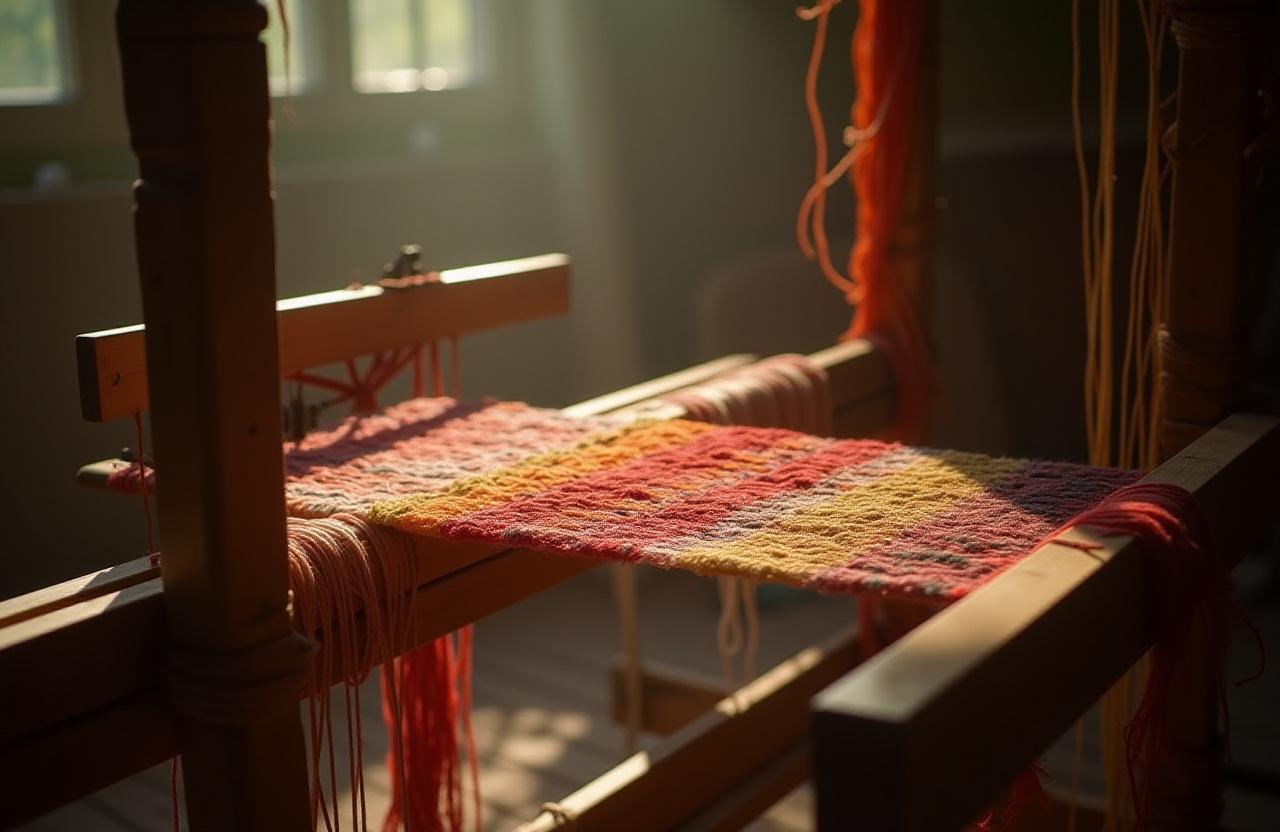 Métier à tisser avec une création textile colorée en cours